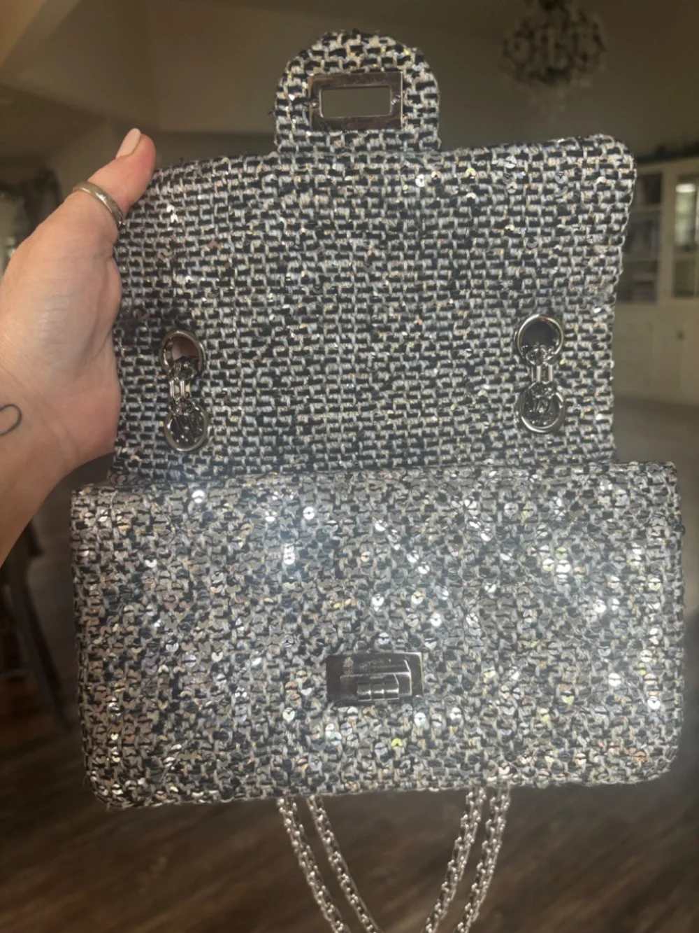 Chanel 2.55 Reissue Silver Sequin Tweed Flap Bag